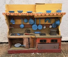 Cuisine IX -éme Jouet Ancien grand Modèle bois Complet Accessoires Tôle Émaillée