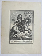 Gravure Ancienne Louis XIV à Cheval avec Timbre Sec fûts de canon croisés