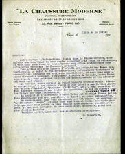 PARIS (III°) IMPRIMEUR / JOURNAL indépendant "LA CHAUSSURE MODERNE" Lettre 1920