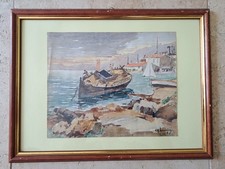 Charles Laugier , Bateau échoué en bord de mer , Aquarelle , XX°.