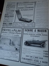 SIZAIRE NAUDIN auto + HOUBIGANT + Hôtel d'ALBE pub papier ILLUSTRATION 1913 col