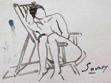 Robert SAVARY - Peinture originale - Lavis - Nu au transat 3