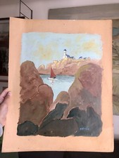 Édouard Grassin (1897-1983), Marine Bretonne, Phare, Huile Sur Papier Cartonné