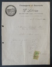 Facture MAUVES-SUR-LOIRE 1923 Fromage Beurre Etiquette Camembert billhead 124