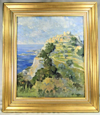 MAGNIFIQUE TABLEAU PAYSAGE H/T VUE DE CORSE Ca. 1950 CADRE DORE SIGNE GUEIGNEAU