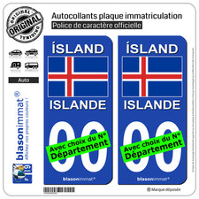 2 Stickers autocollant plaque immatriculation Auto : Islande - Drapeau