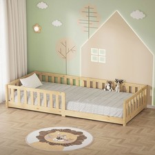 Lit au sol enfant simple 90x200 cm naturel en pin massif avec antichute sommier