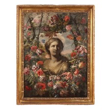 Tableau Ancien '600-'700 Buste Féminin et Guirlande à Fleurs Huile