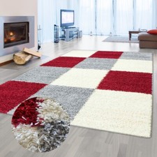 Tapis shaggy moelleux à poils longs avec motif à carreaux rouge gr