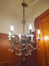 MAGNIFIQUE LUSTRE EN   BRONZE   À PAMPILLES CRISTAL . 6 LUMIERES