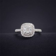 Bague de fiançailles double halo 2,65 ct diamant or blanc massif 14 carats si...