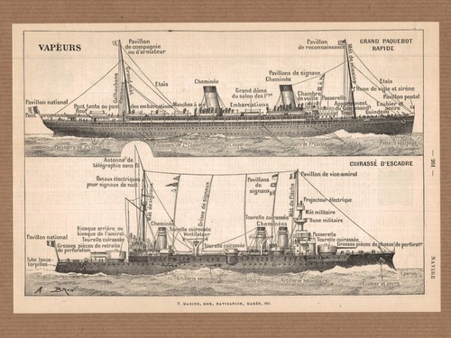 Lithographie ancienne navires - ancienne,