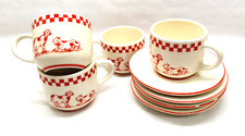 Set petit Déjeuner 4 Personnes Tasse + Soucoupe Vache Décors Carreaux Rouge