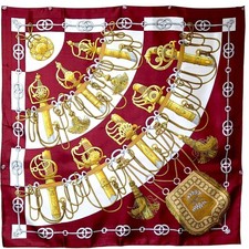 grande écharpe HERMES Carre 90 Cliquetis Bordeaux x soie dorée état