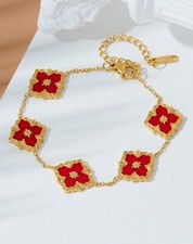 Bracelet De Fleurs Rouge Acier Inoxydable Bijoux Chaîne Doré Or Jaune Réglable