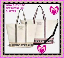 $133 VS GOLD TOTE & PINK WEEKENDER  BAG SPARKLE GLITTER METALLIC BLING 2 PC SET