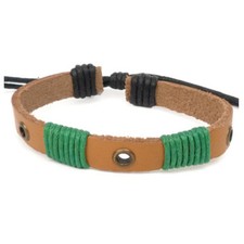 Bracelet homme femme Cuir marron cordons Coton vert oeillets réglable baroudeur
