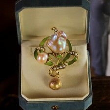 Broche Pendentif Art Nouveau Feuille Vert Perle Baroque Rose Vintage Style QD12
