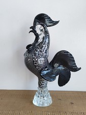 Sculpture / Figurine Coq En Verre Soufflé Et Sculpté - Noir Et Argent - Vintage