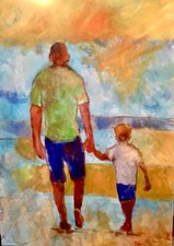 Tableau signé Ginailhac;Père & Fils balade Plage, Océan Atlantic Lacanau Paysage