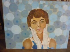 Tableau sur toile signé - Visage de Femme aux gants - 39.8 x 29.8 cm