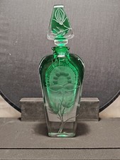 Ancienne Bouteille à parfum en cristal vert gravé Main 