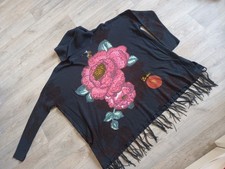 Pull Desigual Col Roulé  Forme Droite Hiver Neuf Avec Une Fleur Et Franges En...