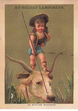 CHROMO #MK40972 AU SOLDAT LABOUREUR UN ENFANT SUR LA TETE D UN BOEUF LE BOUVIE