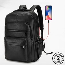 Sac à Dos Homme Cuir PU Noir Prise USB Recharge Smartphone iPhone Samsung iPad