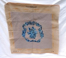French Hand Made Needlepoint Tapestry Chair Pillow Cover Blue Flowers Garlands