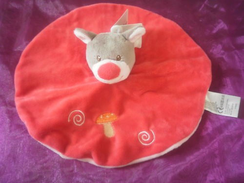 Doudou ours plat rouge rond