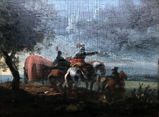 SOLDATS A CHEVAL école fin 17e panneau bois tableau Ancien vintage antique µ