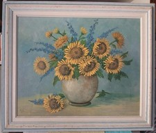 Tableau Nature Morte aux fleurs tournesol fleur bleu HST au couteau signé M.S.