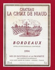 94 95 Etiquette BORDEAUX Château La Croix de Niaud 1994 mise propriété St André