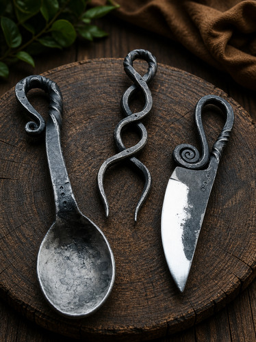 Hand forged iron utensil set - iron,
