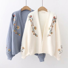 Femme Pull Tricot Manteau Veste Pull Cardigan Broderie Floral Manches Ballons