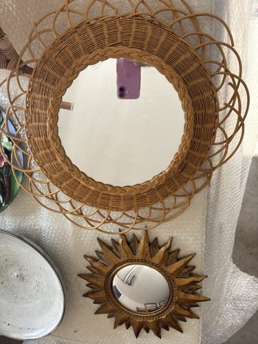 Miroir soleil vintage rotin