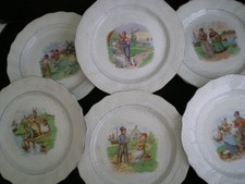 TRES ANCIENNE ASSIETTES  DESSERT FAIENCE MOULIN DES LOUPS SIGNE DECORES ENFANTS