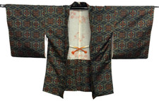 Veste kimono haori japonaise vintage bleu soie Oshima Tsumugi hauteur 31,49 p...