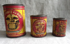 3 BOÎTES ANCIENNES EN MÉTAL SÉRIGRAPHIÉ "LA POULE AU POT"