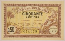 Billet de nécessité - Chambre de commerce d'Oran Algérie - 50 centimes