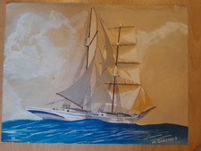Peinture ancienne bateau Pont Yacht mer course signée  genre Haffner
