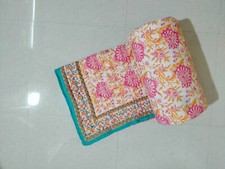 Couette réversible en coton - base blanche et sarcelle avec imprimé floral ro...