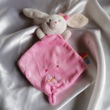 Doudou lapin plat rose, broderies papillon, coeurs, Sucre d'Orge