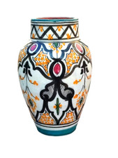 Rare vase Safi signé + manuscrit "Khousousi" – céramique marocaine 25 cm