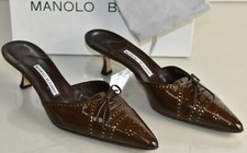 Neuf Manolo Blahnik Oxfona Marron Or Richelieu Verni Talon Bobine Mules Shoes 40