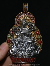 3.4" Old Chinese Silver Inlay Gems Kwan-yin Guan Yin Goddess Amulet Pendant