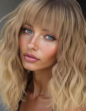 Perruque Synthétique Femme Courte Blond Foncé Wig A Frange 35cm Kit Complet Pro