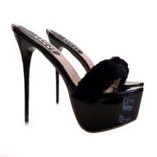 Mule Sexy Cubiste À Talon Aiguille 17,5 Cm Avec Fourrure - KH104 NOIR