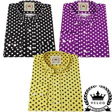 Relco Hommes Noir Violet Moutarde à Pois Chemise Manches Longues Col Bouton